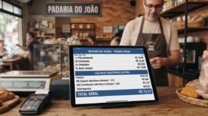 Reforma tributária para padaria: balcão com pães e cálculos de imposto
