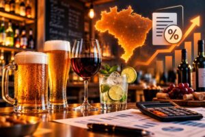 Bartender servindo chopp no balcão de bar, ilustrando o imposto seletivo sobre bebidas